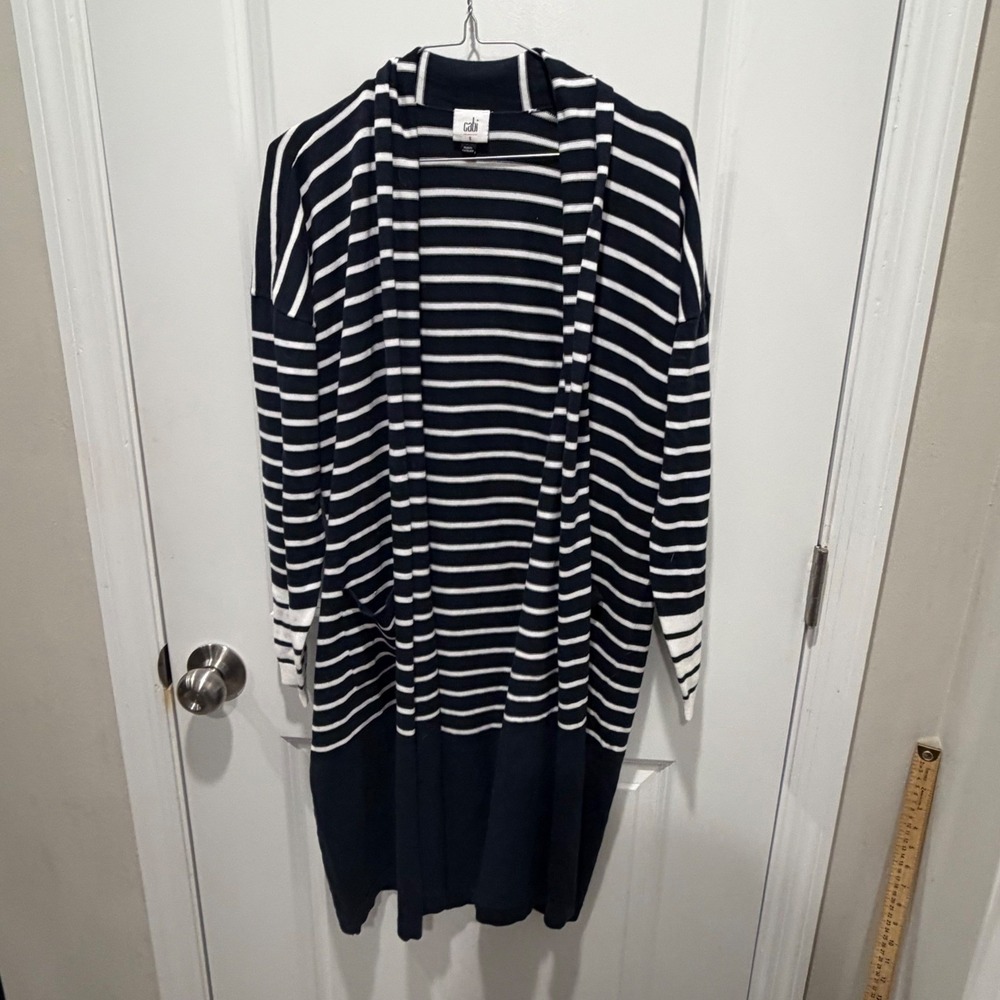 Cabi Womens Cardigan Striped Open Front Longline Cotton Navy White Size Small